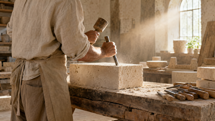 Dans l'atelier de Marrakech : la fabrication du travertin Casakea