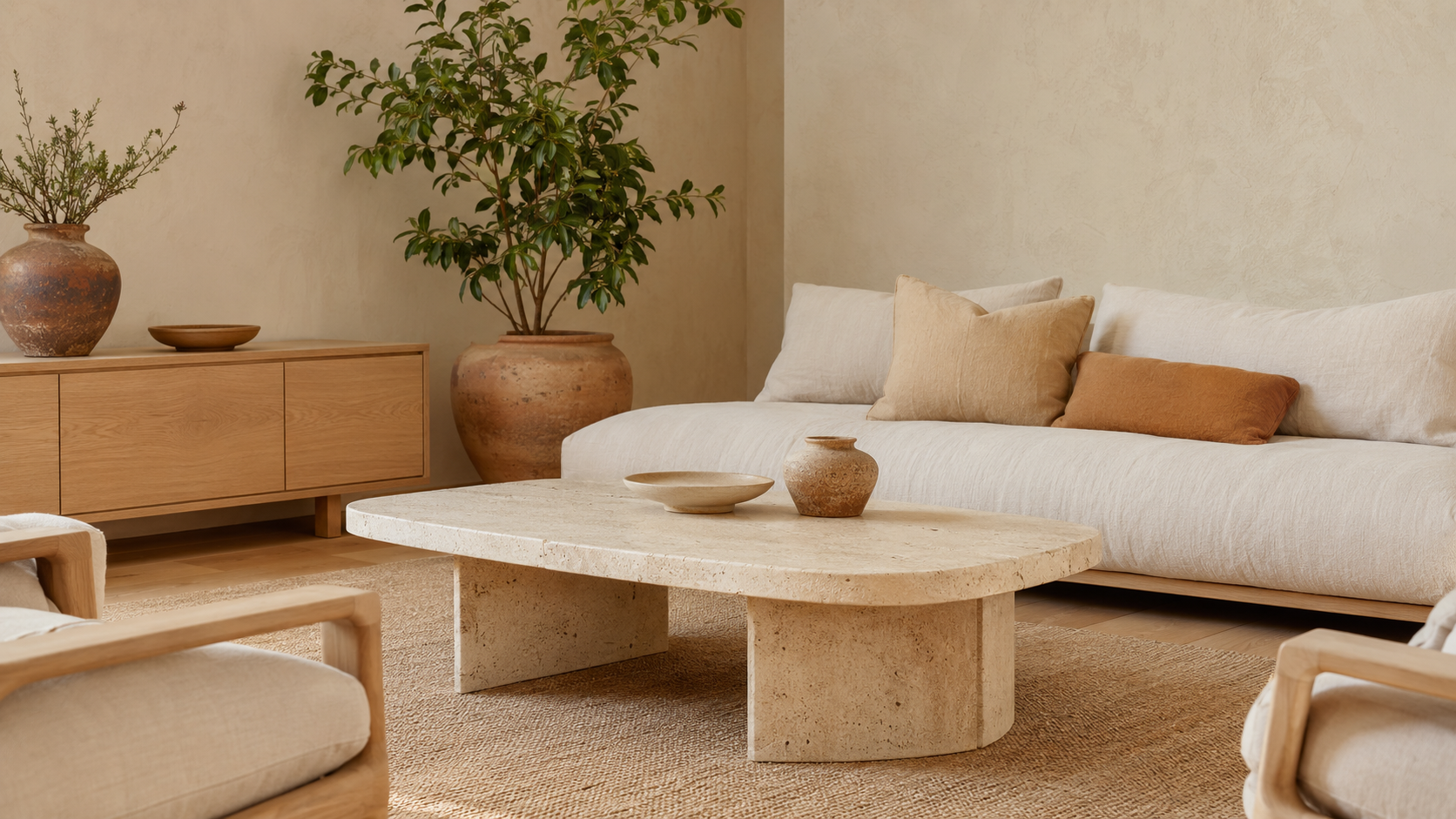 Déco japandi : le travertin dans un intérieur japandi