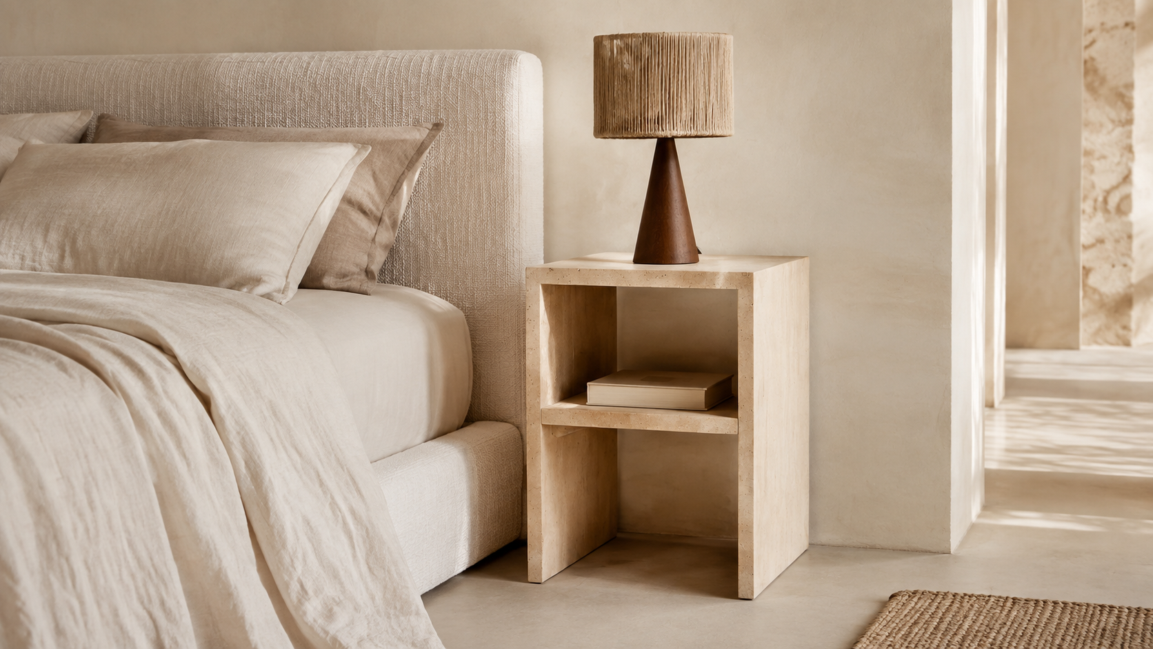 Table de chevet en travertin : la pierre côté chambre