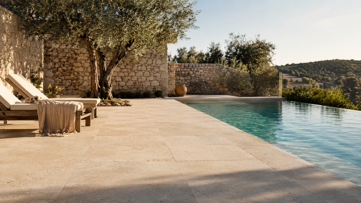 Le travertin en extérieur : terrasse, piscine et gel