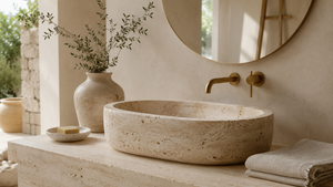 Le travertin en salle de bain : vasques et plans vasque