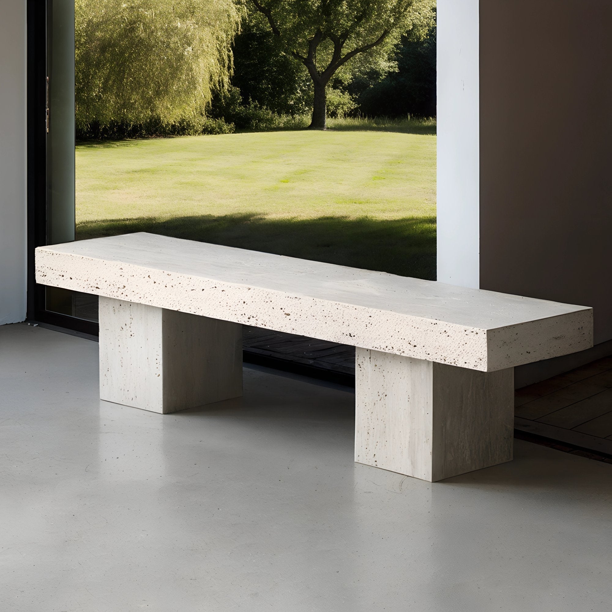 Banc en travertin aux tons beige naturels, aux lignes épurées et minimalistes, disposé dans un intérieur contemporain avec tapis texturé et décoration en céramique.