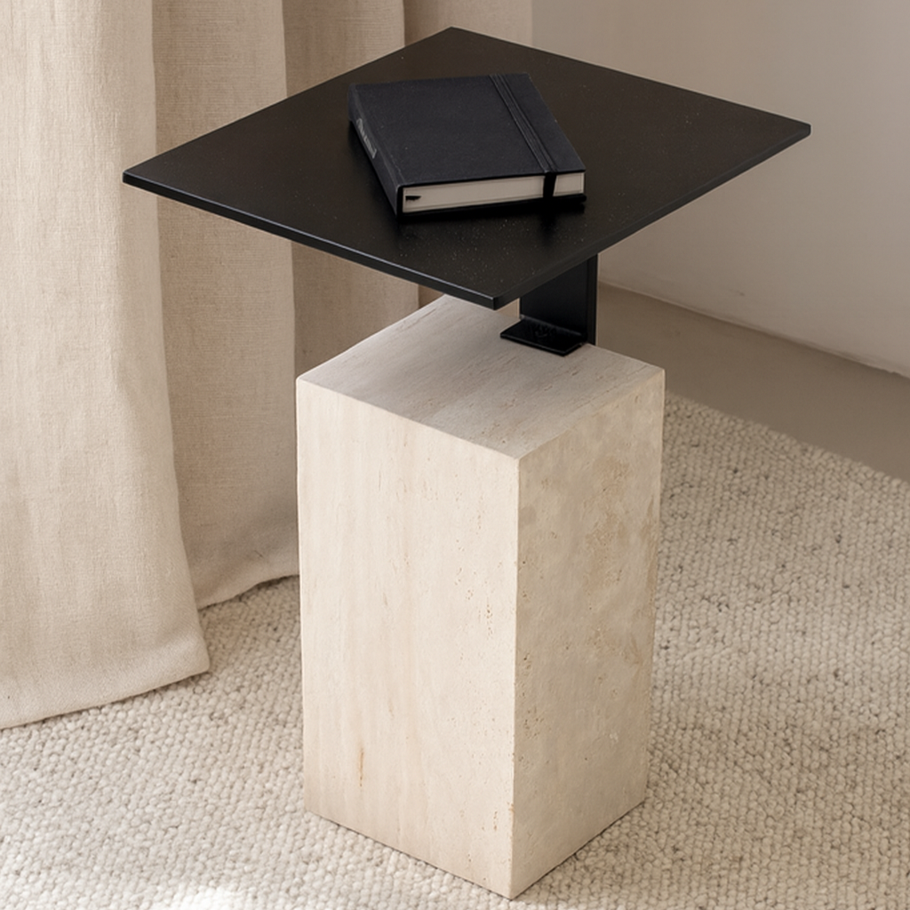 Kune - Table d'appoint en travertin et métal
