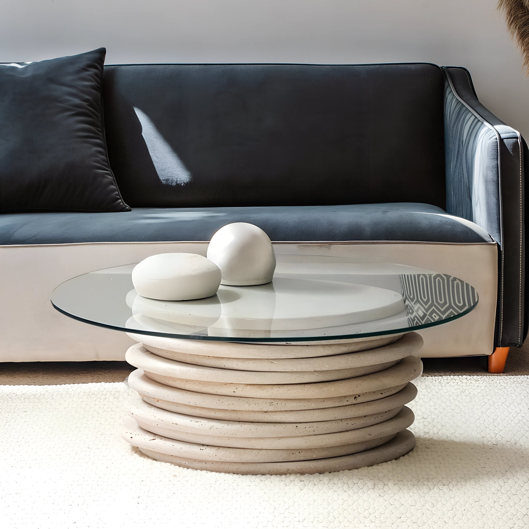 Table basse en travertin massif, au design minimaliste et sophistiqué, parfaite pour apporter une touche organique et raffinée à votre espace.