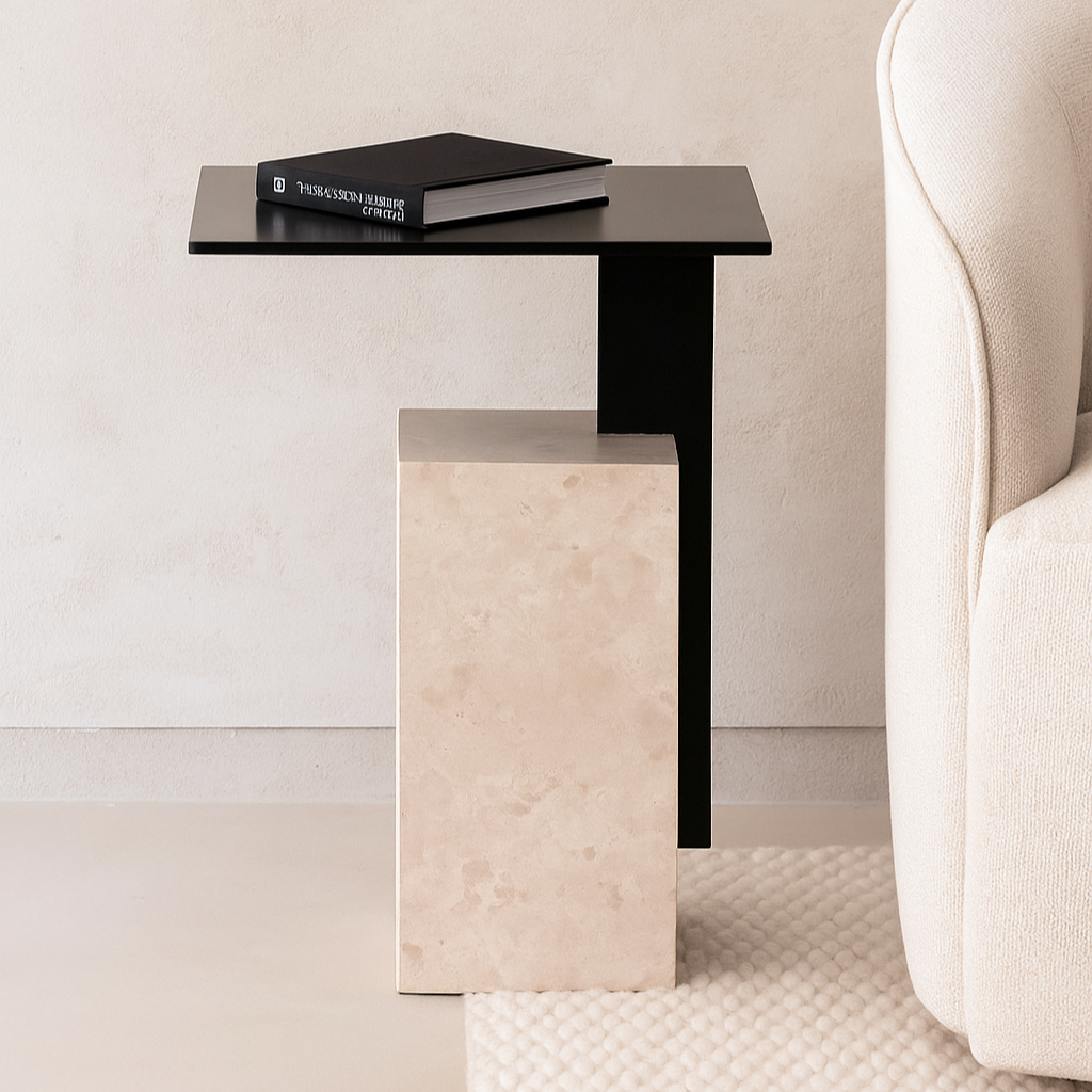 Kune - Table d'appoint en travertin et métal