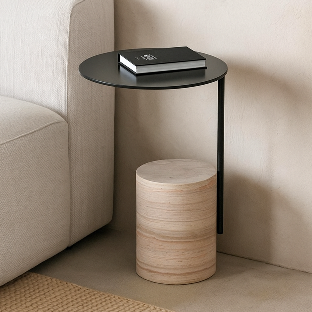 Luna - Table d'appoint en travertin et métal