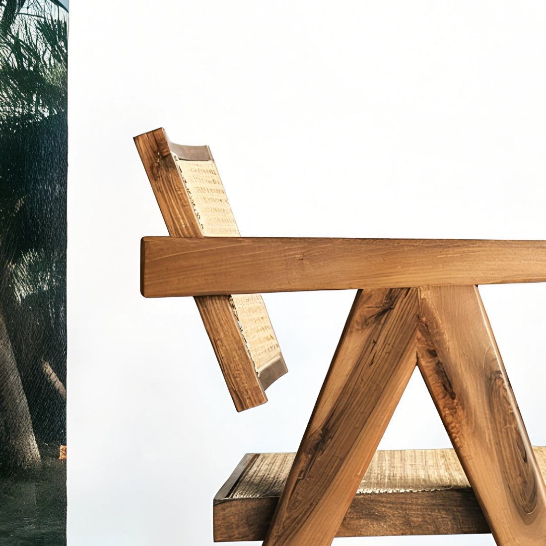 Fauteuil en noyer avec assise et dossier en cannage, au design raffiné et intemporel, accompagné d’un plaid en lin et d’une table d’appoint en pierre.