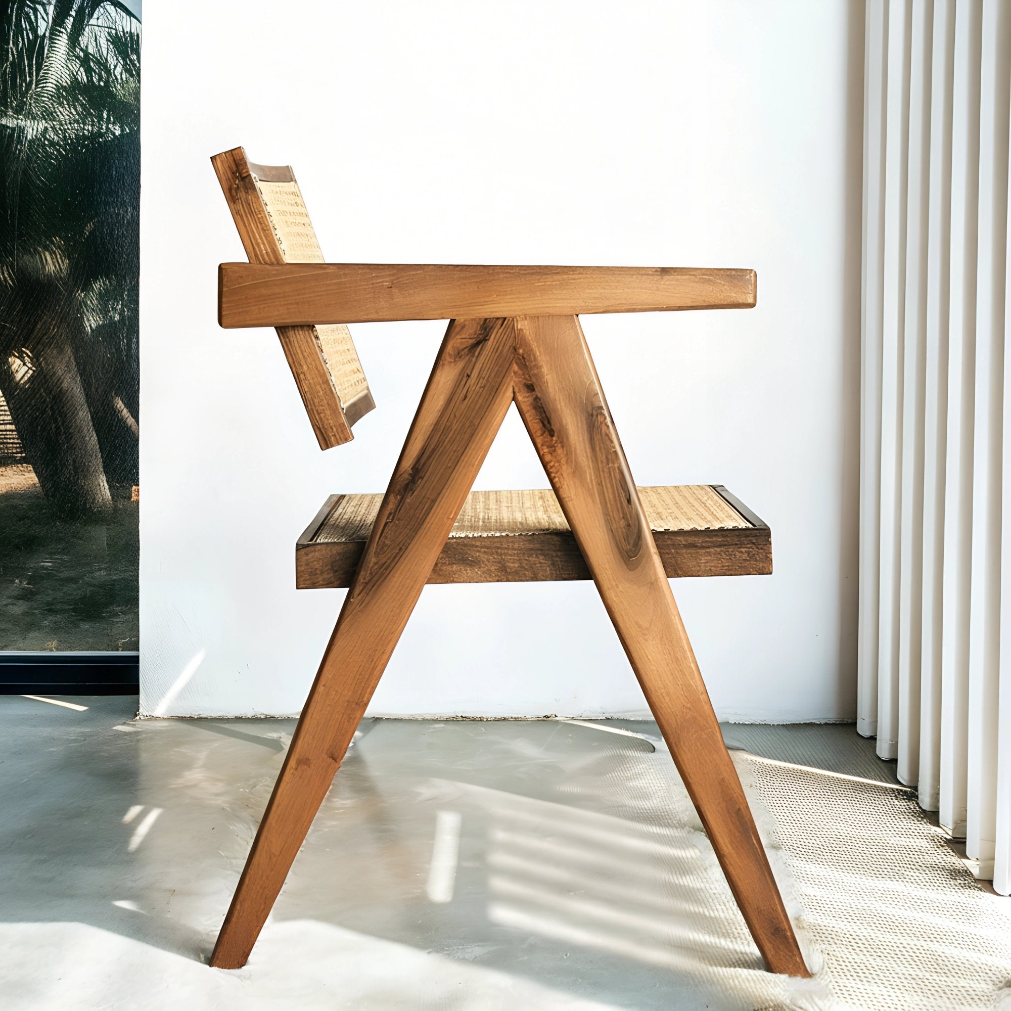 Fauteuil en noyer avec assise et dossier en cannage, au design raffiné et intemporel, accompagné d’un plaid en lin et d’une table d’appoint en pierre.