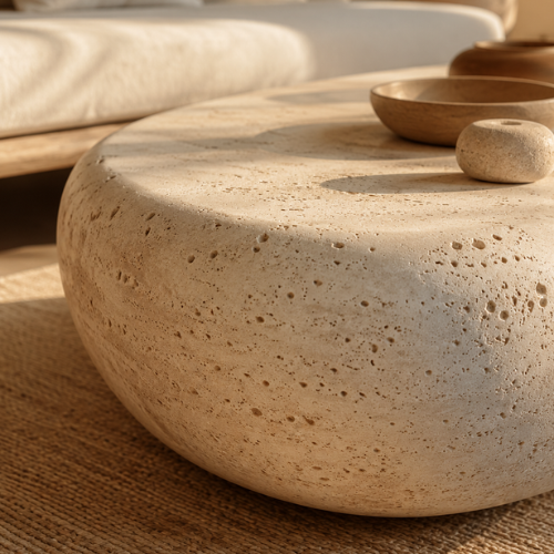Table basse ronde en travertin beige à la texture alvéolée, posée sur un tapis en jute