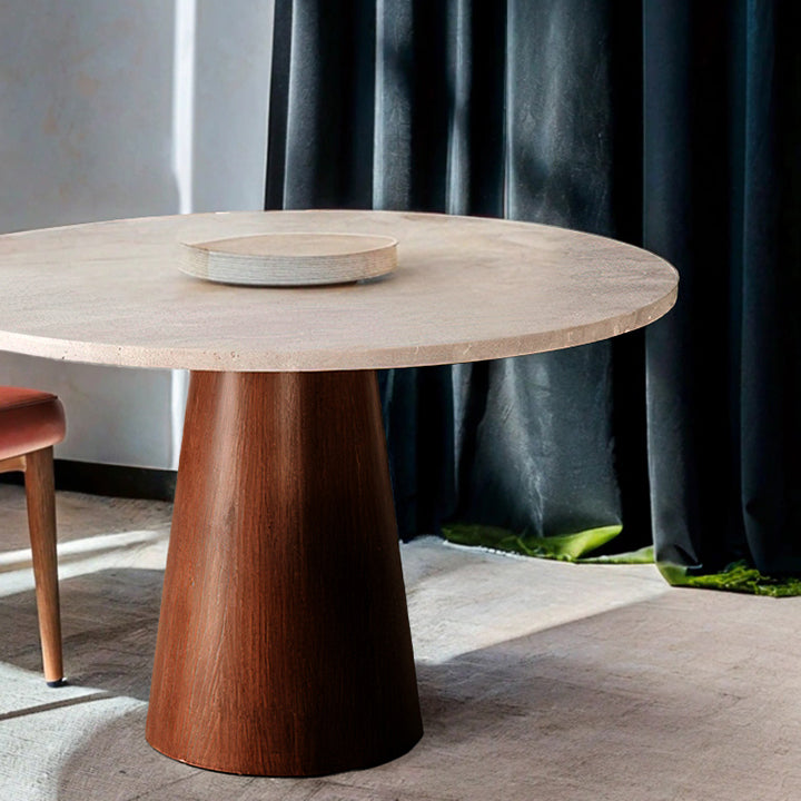 Table en travertin et bois, alliant textures naturelles et design intemporel, parfaite pour un intérieur chaleureux et élégant.