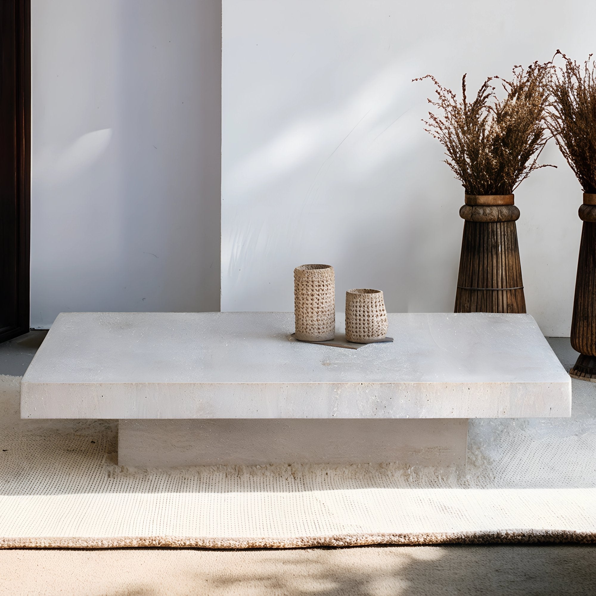 Table basse en travertin aux lignes épurées, mettant en valeur la beauté naturelle de la pierre pour un intérieur élégant et intemporel.