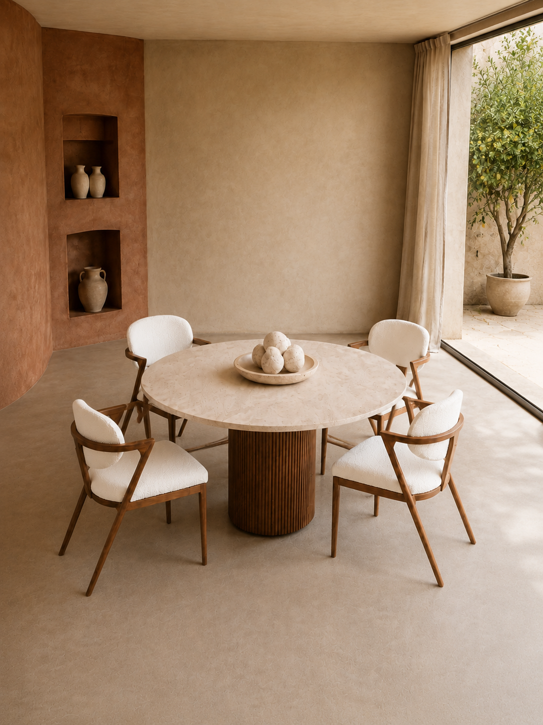 Alya - Table à manger ronde en travertin et bois
