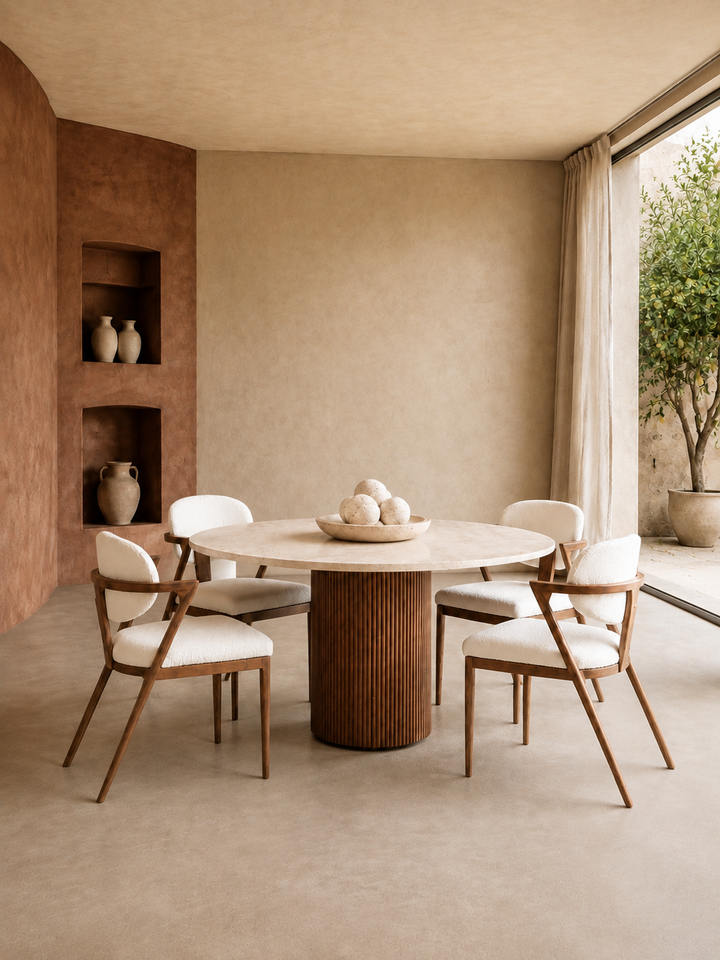 Alya - Table à manger ronde en travertin et bois
