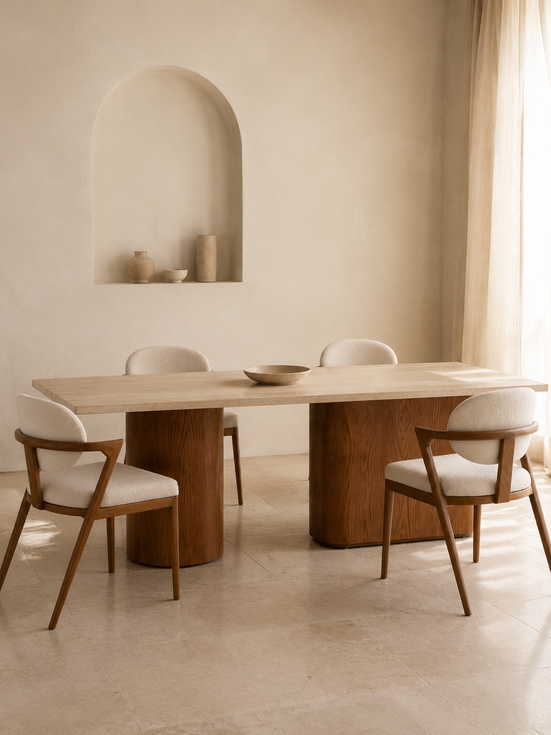 Amira - Table à manger en travertin et bois