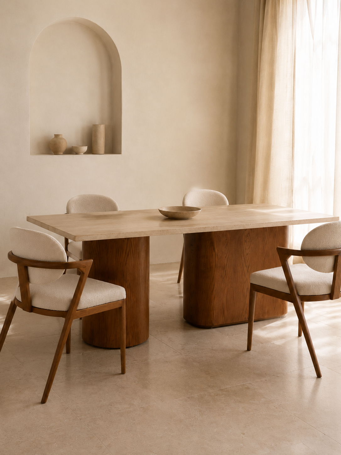 Amira - Table à manger en travertin et bois