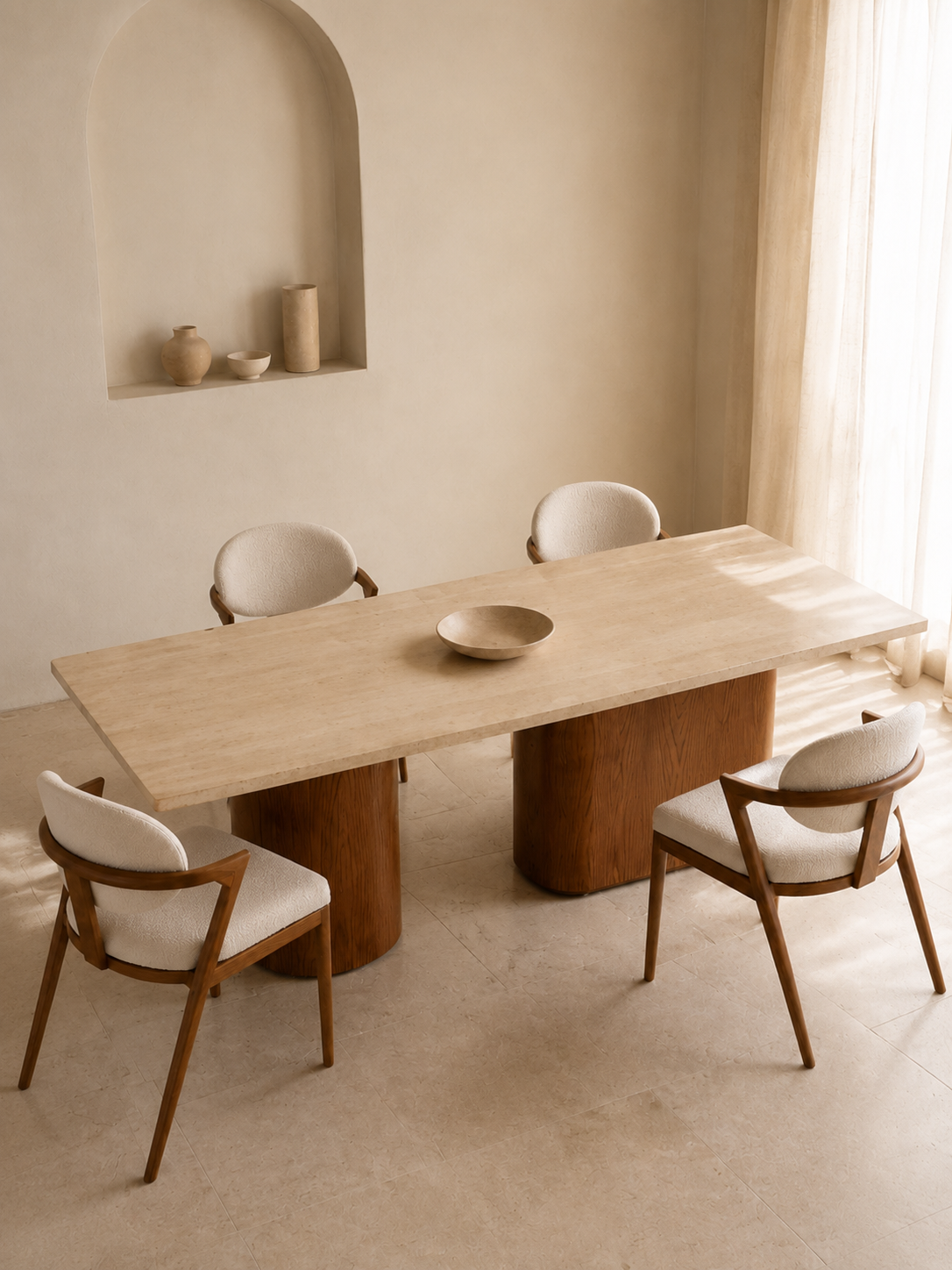 Amira - Table à manger en travertin et bois