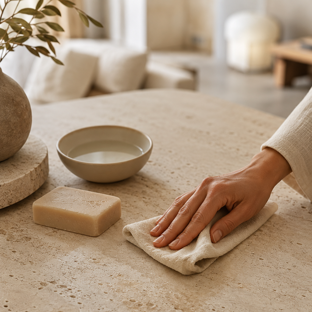 Entretien d'une table basse en travertin avec un chiffon doux