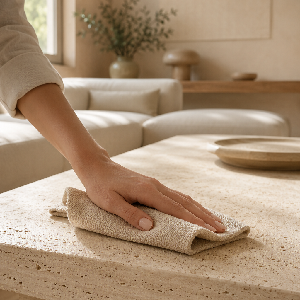 Entretien d'une table basse en travertin avec un chiffon doux