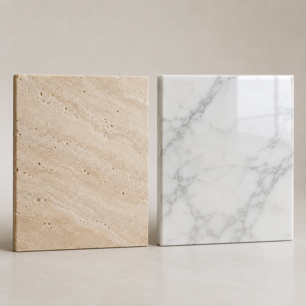 Travertin mat et marbre poli côte à côte pour comparer leur texture