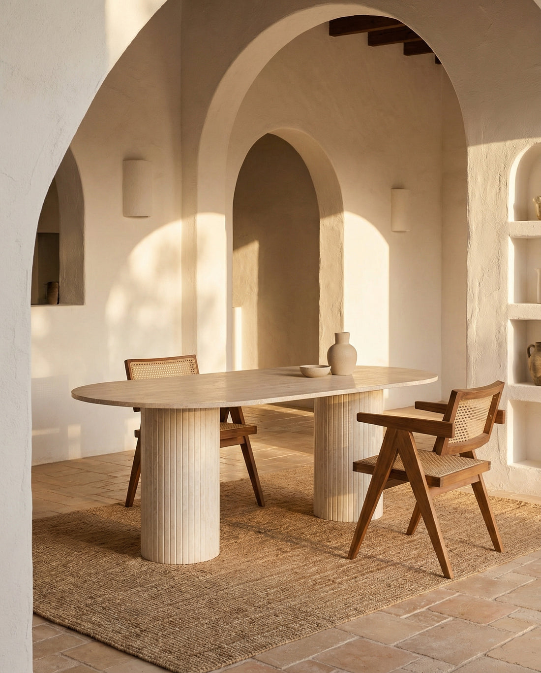 Zinaya - Table à manger en travertin blanche