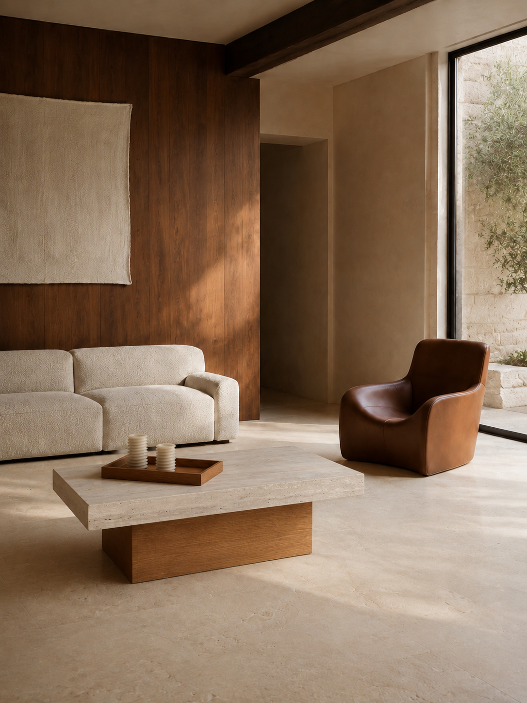 Lina - Table basse en travertin et bois
