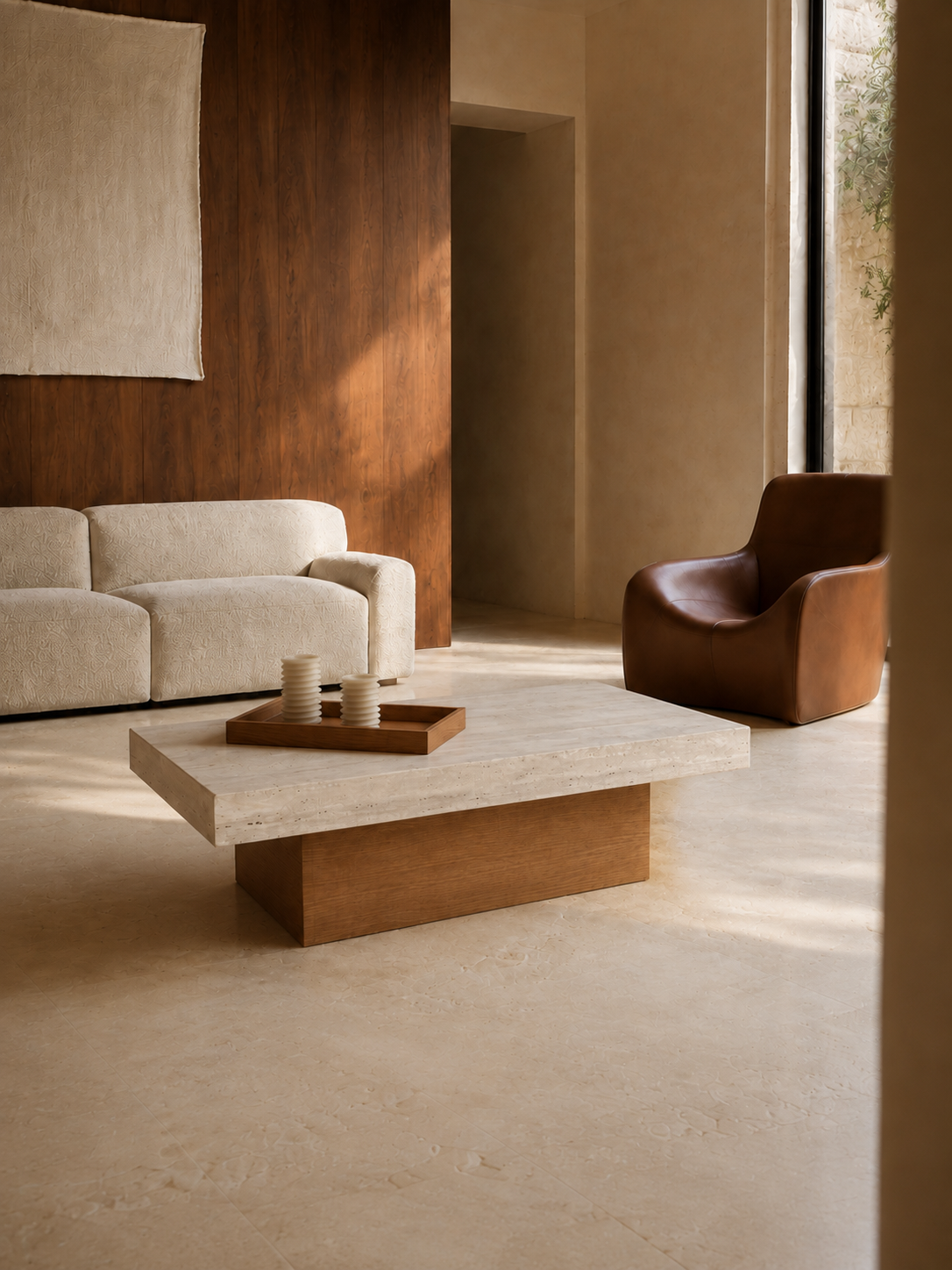 Lina - Table basse en travertin et bois