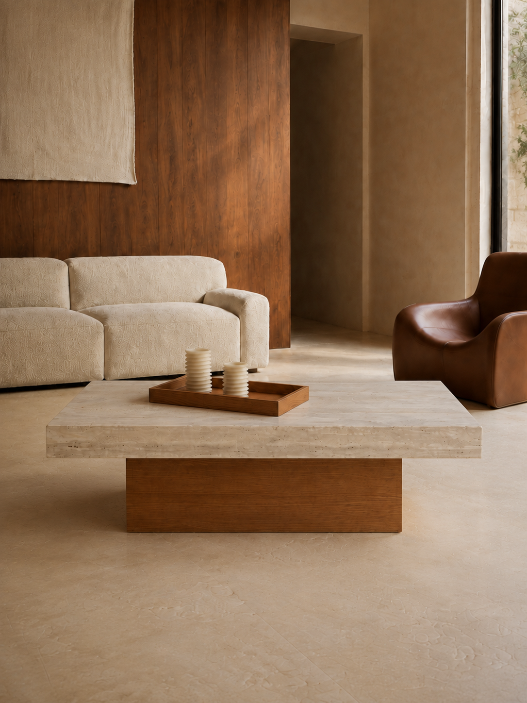 Lina - Table basse en travertin et bois