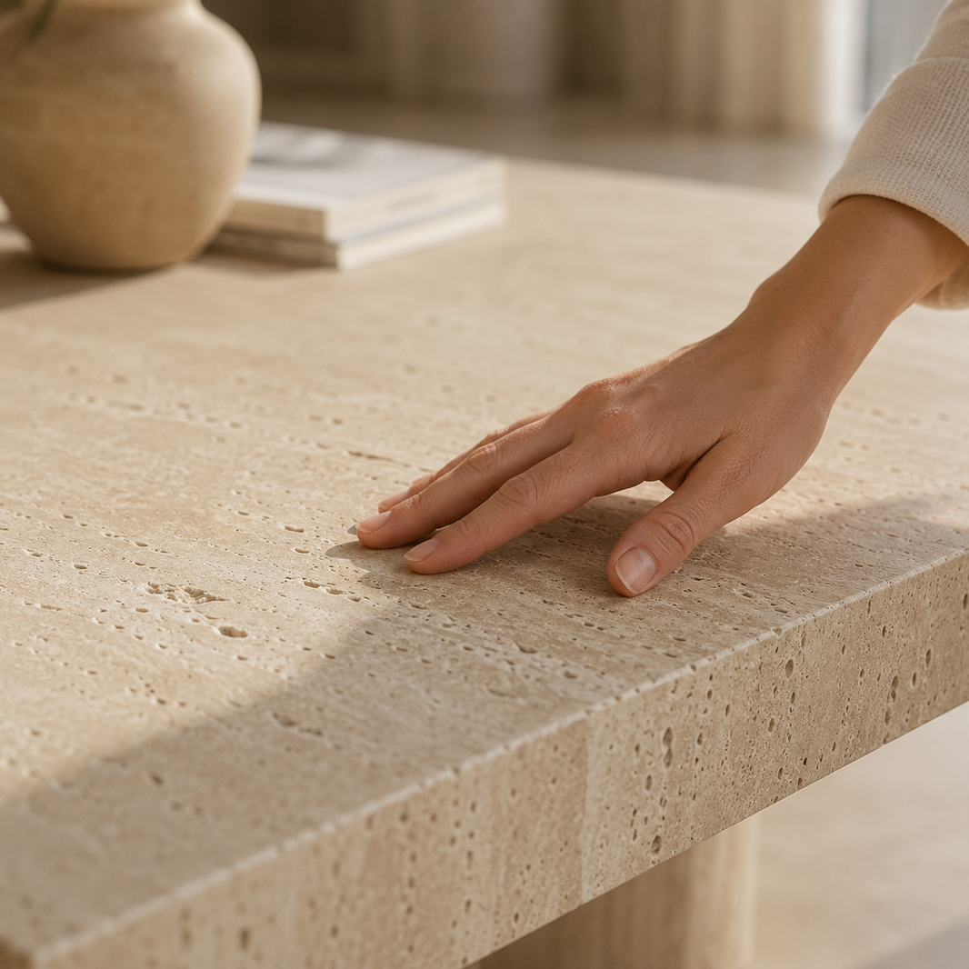 Main vérifiant la texture d'une table en travertin véritable