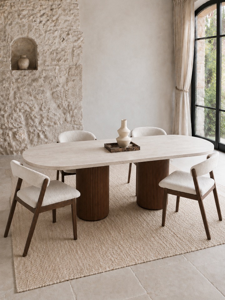 Soraya - Table à manger ovale en travertin et bois