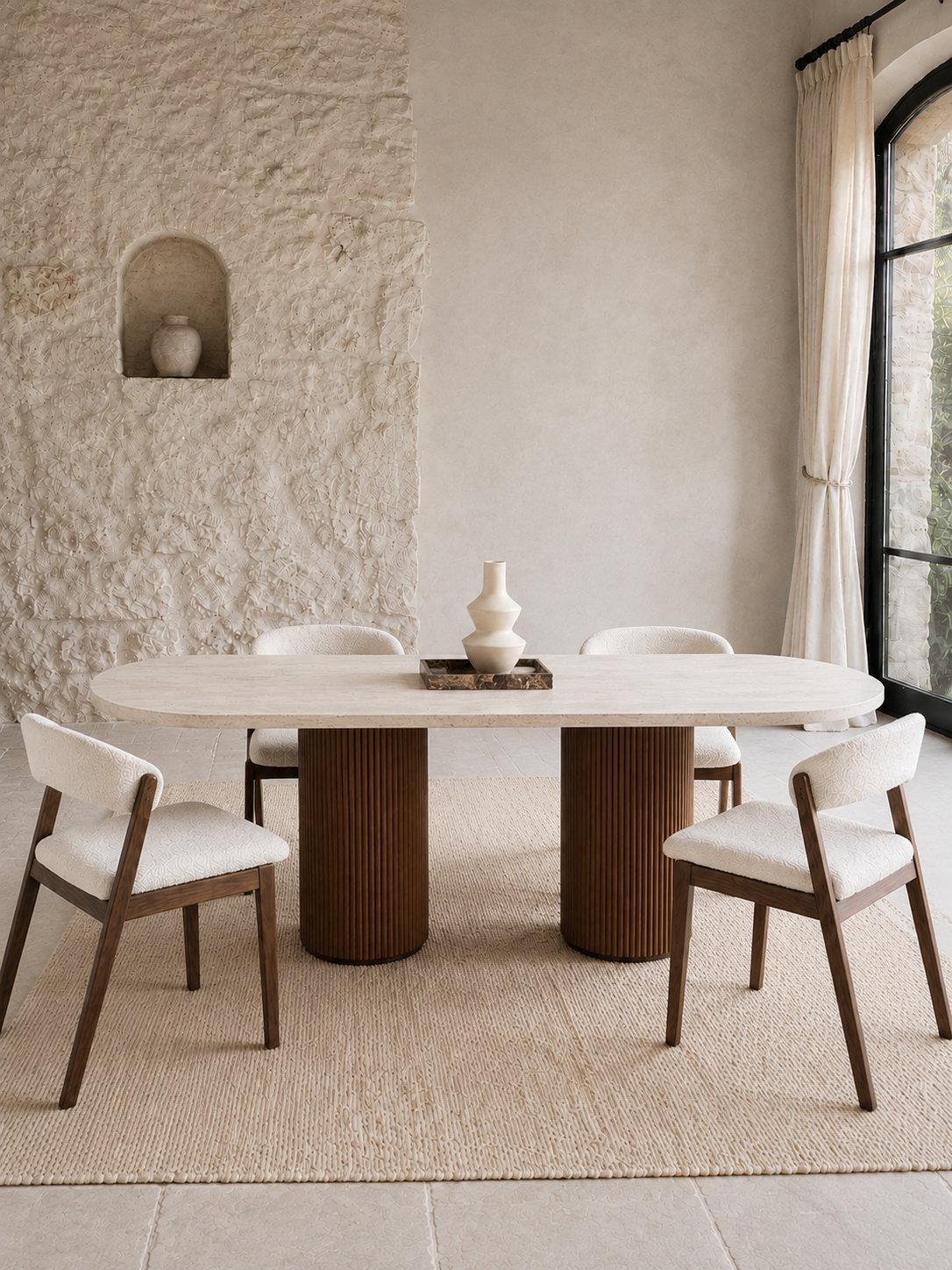 Soraya - Table à manger ovale en travertin et bois