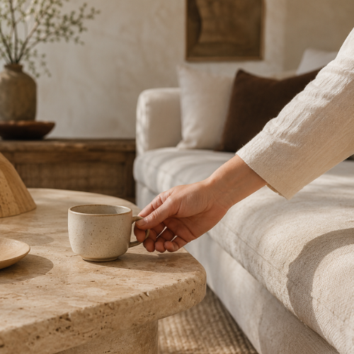 Main posant une tasse de café sur une table basse en travertin à côté d'un canapé