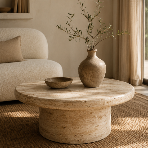 Table basse ronde en travertin massif avec vase et branche d'olivier dans un salon lumineux
