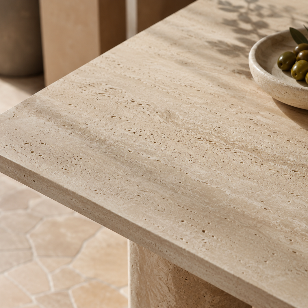 Surface mate et cavités naturelles d'un plateau en travertin beige