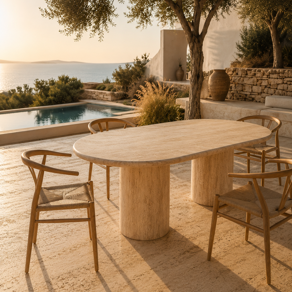 Table en travertin sur une terrasse extérieure