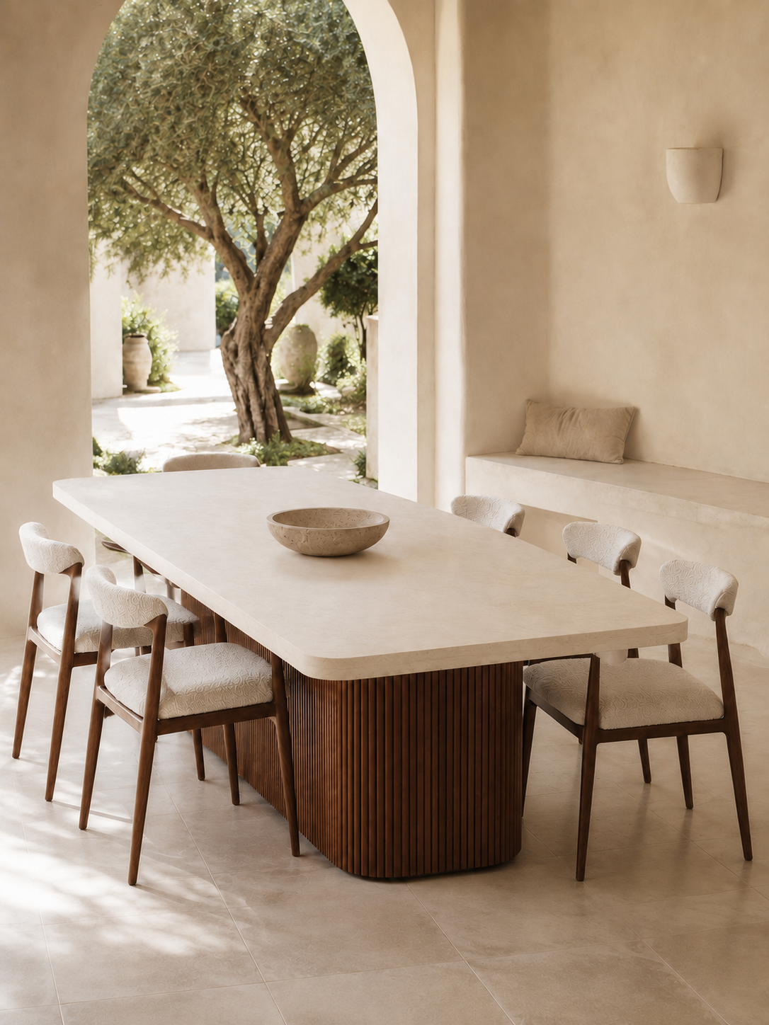 Nadia - Table à manger en travertin et hêtre