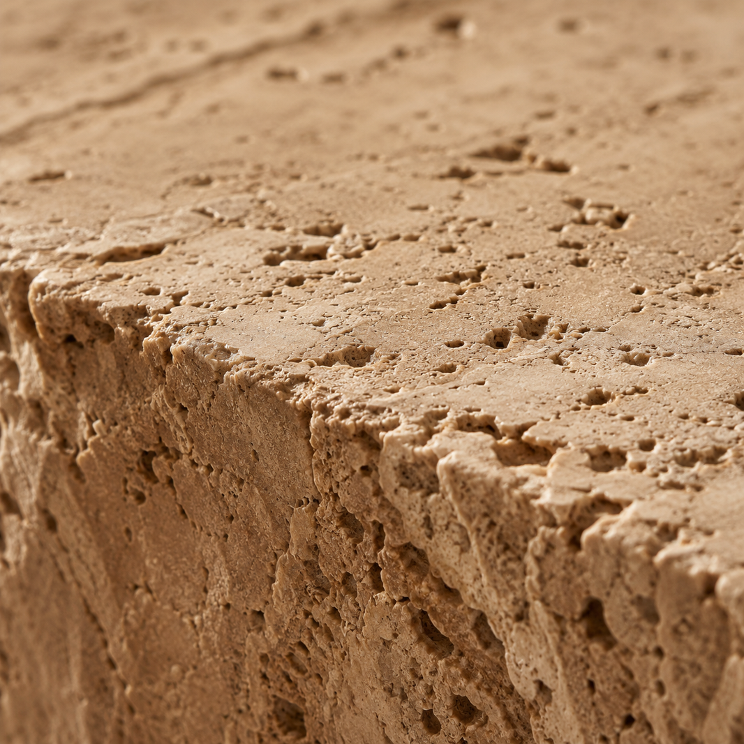 Gros plan sur la texture poreuse d'un vrai travertin