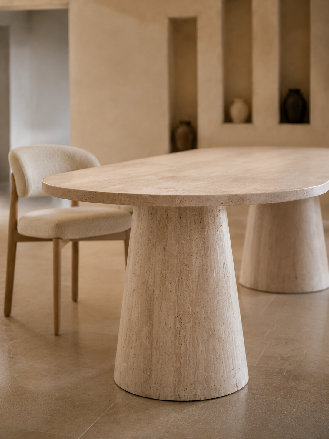 Yara - Table à manger en travertin, pieds travertin
