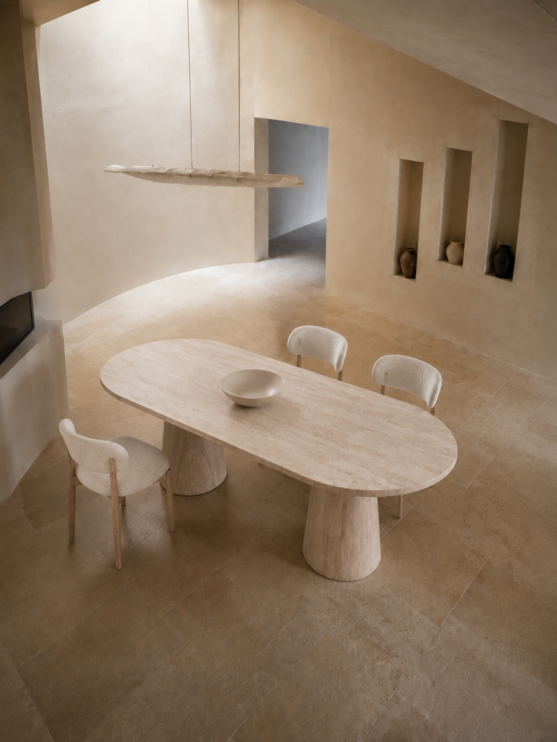 Yara - Table à manger en travertin, pieds travertin